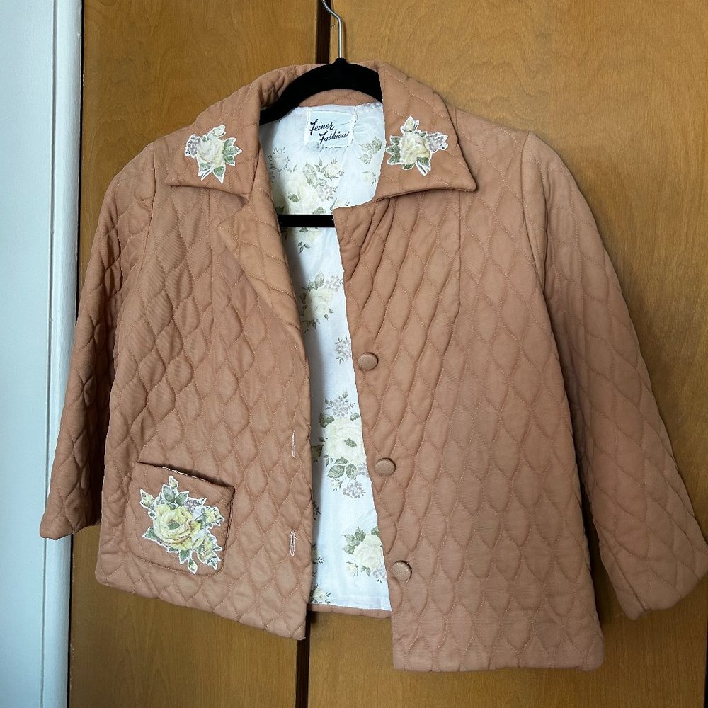 Tan Quilted Jacket with Floral Embroidery